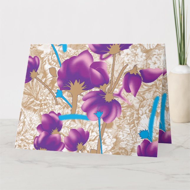Vibrant floral pattern featuring purple and blue f letterpress thank you card (Front)