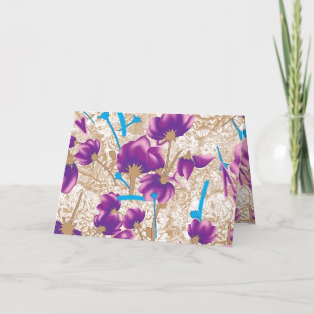 Vibrant floral pattern featuring purple and blue f note card (Front)