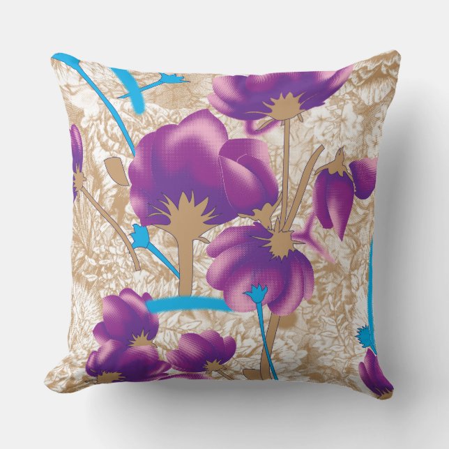Vibrant floral pattern featuring purple and blue f throw pillow (Front)