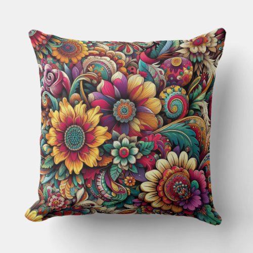 Vibrant Floral Pattern in Bohemian Abstract 3 Throw Pillow