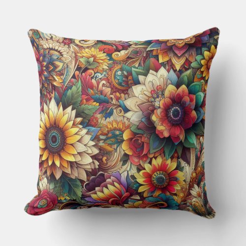 Vibrant Floral Pattern in Bohemian Abstract 6 Throw Pillow