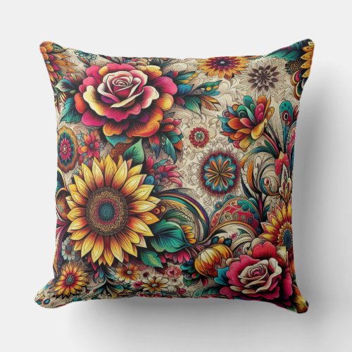 Vibrant Floral Pattern in Bohemian Abstract 7 Throw Pillow