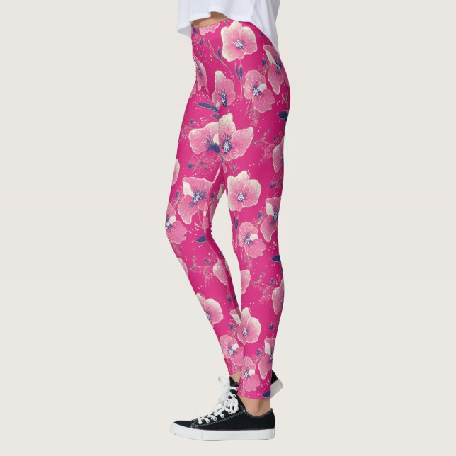 Vibrant Floral Pattern in Pink, White & Royal B    Leggings (Left)