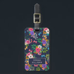 Vibrant Floral Pattern Luggage Tag<br><div class="desc">Floral luggage tag with a pretty hand-drawn pattern of flowers in pink,  yellow,  white,  and purple,  and butterflies in matching colors on a dark blue background. Personalize with your name on one side,  and your name and address on the other.</div>