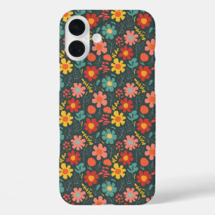 Vibrant Floral Pattern on Teal iPhone 16 Plus Case