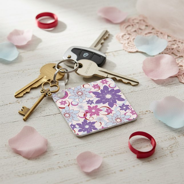 Vibrant Floral Pattern Purple Pink Blue Flowers  Keychain (Creator Uploaded)
