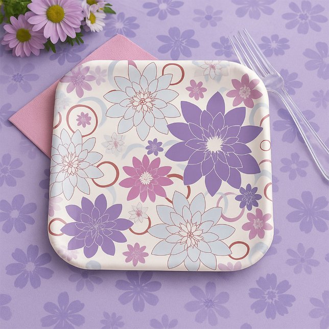 Vibrant Floral Pattern Purple Pink Blue Flowers  Paper Plates (Creator Uploaded)