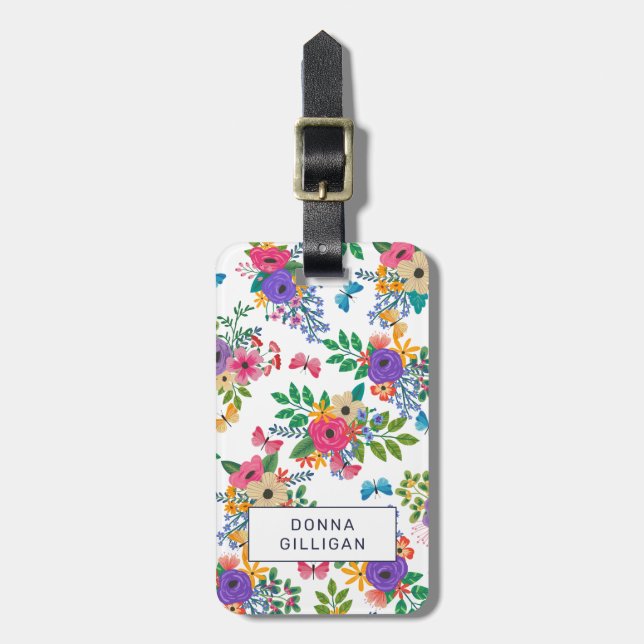 Vibrant Floral Pattern White Background Luggage Tag (Front Vertical)