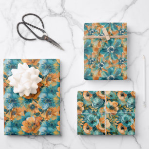 Vibrant Floral Pattern with Bold Teal, Turquoise Wrapping Paper Sheets