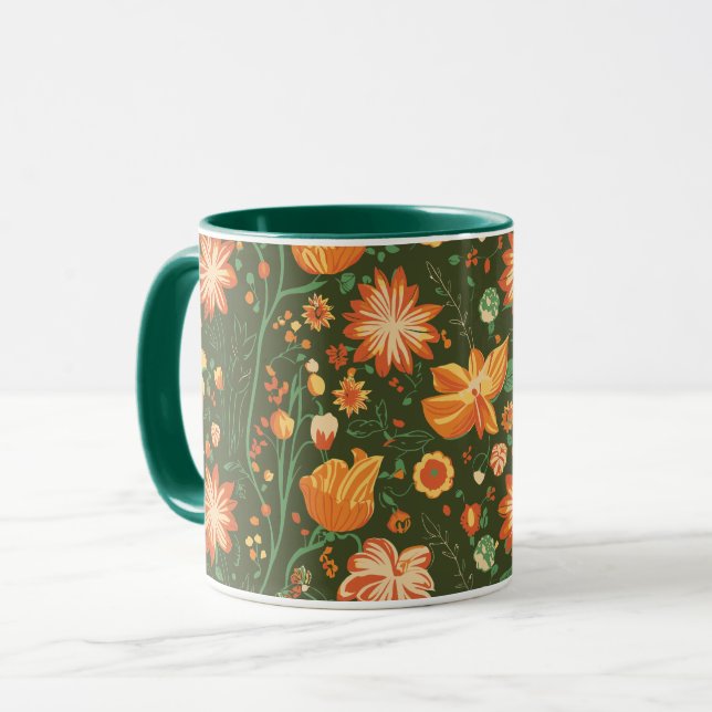 Vibrant Floral Pattern with Orange & Yellow Blooms Mug (Front Left)