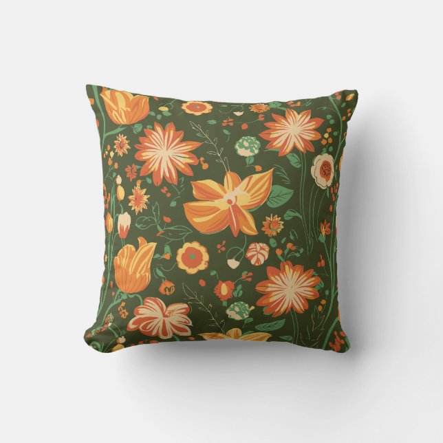 Vibrant Floral Pattern with Orange & Yellow Blooms Throw Pillow (Front)