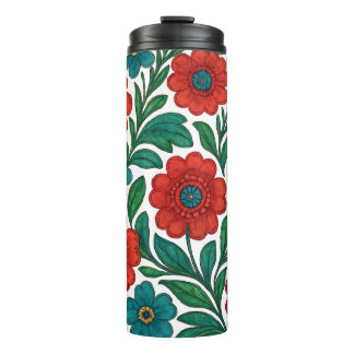 Vibrant Floral Pattern with Red and Teal Blooms Thermal Tumbler