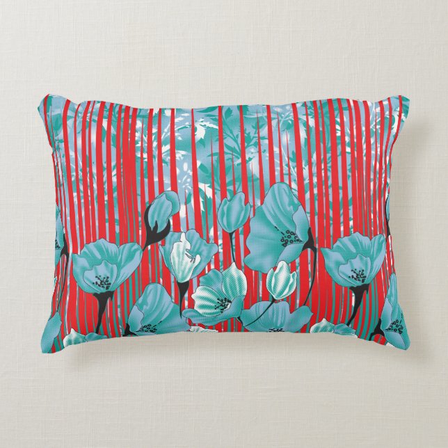 Vibrant floral pattern with turquoise flowers, red accent pillow (Front)