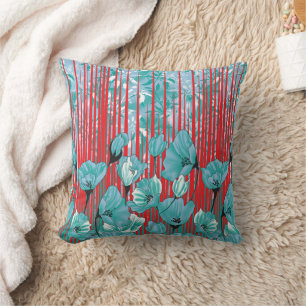 Vibrant floral pattern with turquoise flowers, red throw pillow