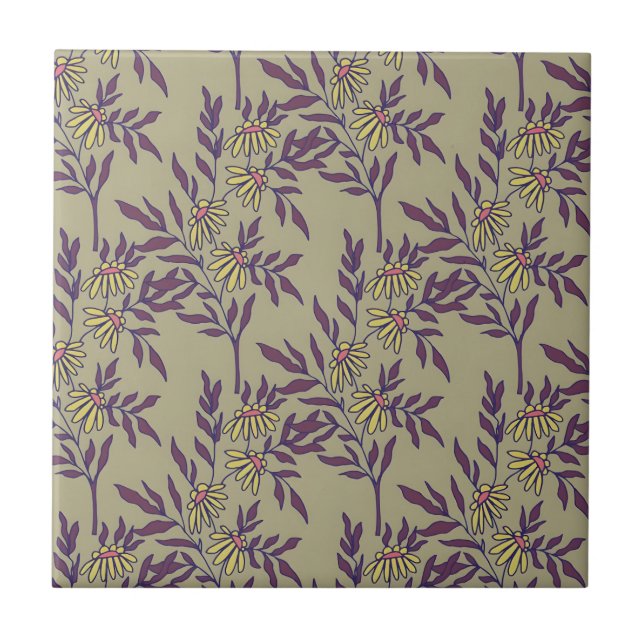 Vibrant Floral Pattern with Yellow Daisies  Ceramic Tile (Front)