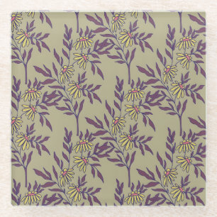 Vibrant Floral Pattern with Yellow Daisies Glass Coaster