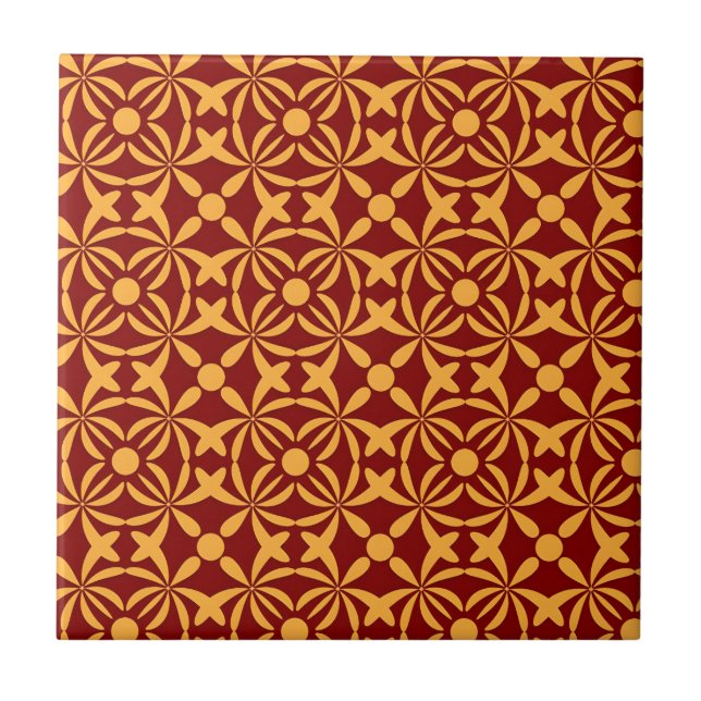 Vibrant Floral Pattern: Yellow Shapes on Red Back Ceramic Tile (Front)