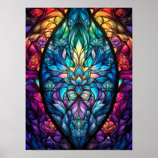 Vibrant Floral Stained Glass Mandala Artwork Poster