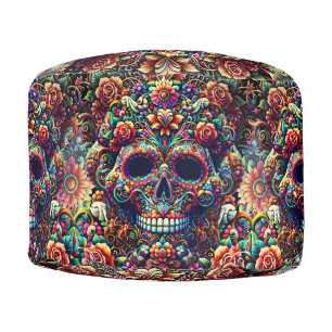 Vibrant Floral Super Sugar Skull Pouf