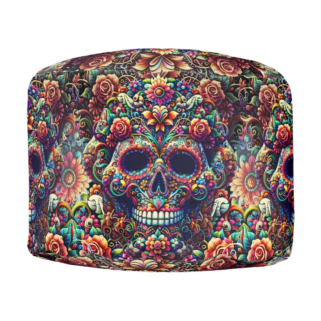Vibrant Floral Super Sugar Skull Pouf (Front)