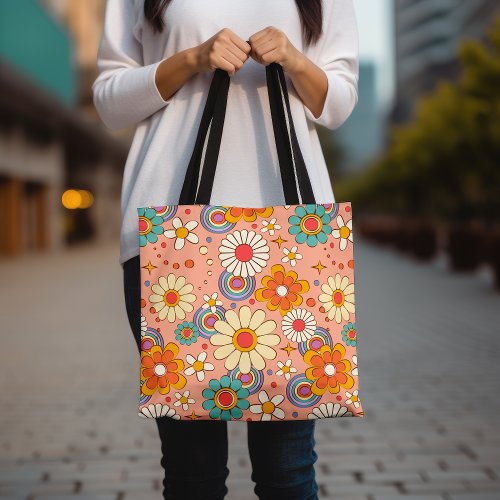 Vibrant Floral Tote Bag in Retro Pink Design