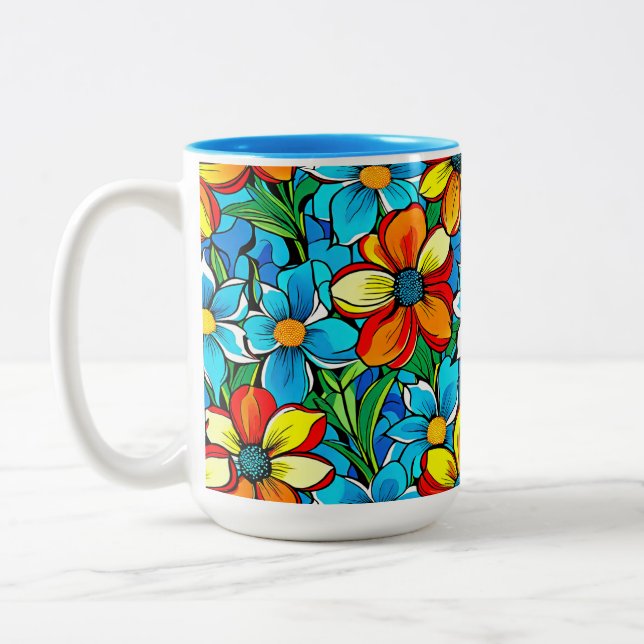 Vibrant Floral  Two-Tone Coffee Mug (Left)