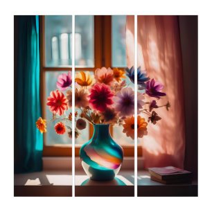 Vibrant Floral Vase with Window View Triptych