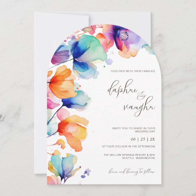 Vibrant Floral Watercolor Arch Wedding Invitation (Front)