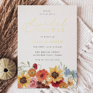 Vibrant Floral Watercolor Bridal Shower Gold Foil Invitation
