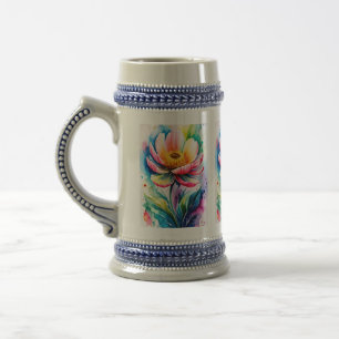 Vibrant Floral Watercolor Ceramic Beer Stein