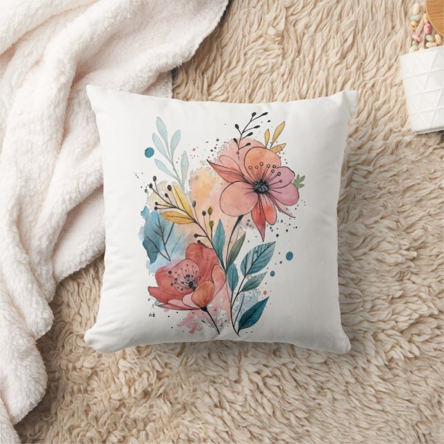 Vibrant Floral Watercolor Design Throw Pillow (Blanket)