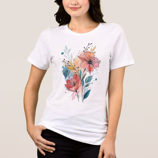 Vibrant Floral Watercolor Design Tri-Blend Shirt (Front)