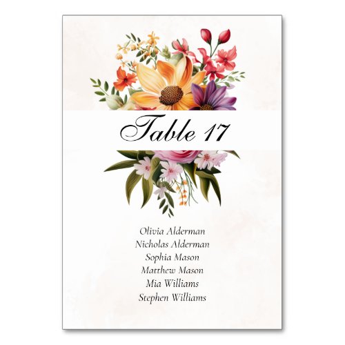 Vibrant Floral Watercolor Wedding Table Number