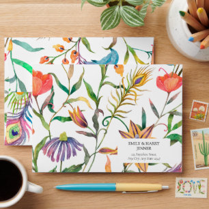 Vibrant Floral Wildflowers Botanical Peacock Envelope