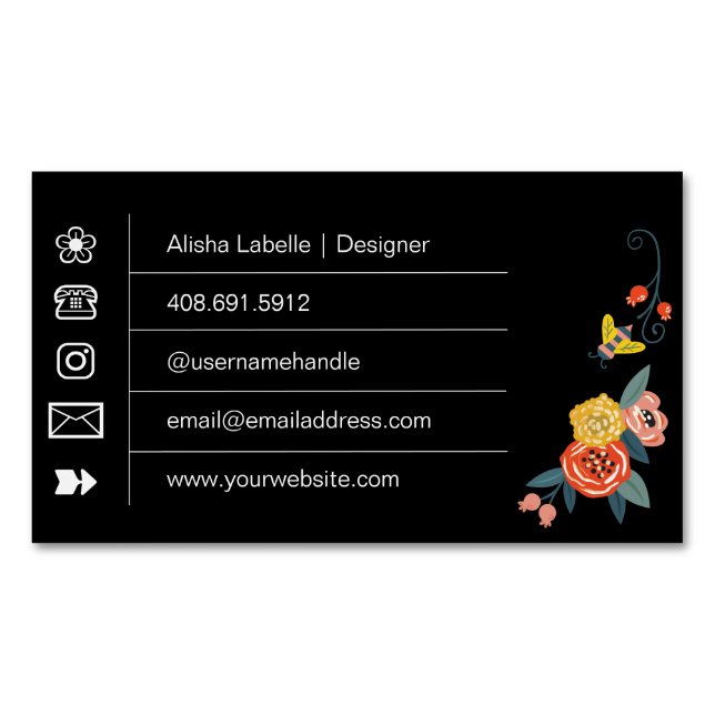 Vibrant Floral Wildflowers & Honey Bee Business Card Magnet (Front)