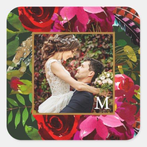 Vibrant Floral with Monogram Photo Christmas Square Sticker