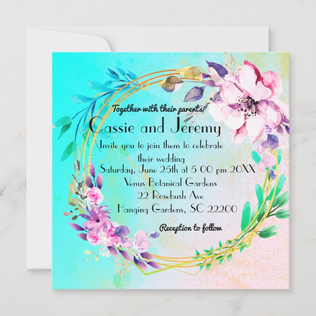 Vibrant floral wreath wedding invitation (Front)