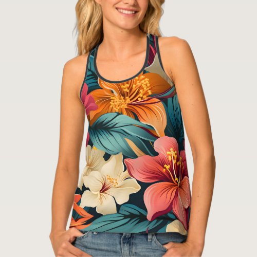 Vibrant flower blooms and leaves tank top