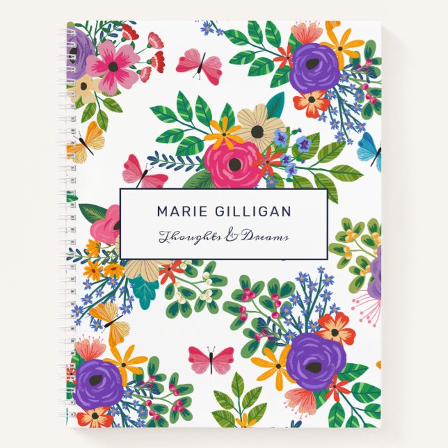 Vibrant Flowers & Butterflies White Pattern Notebook (Front)