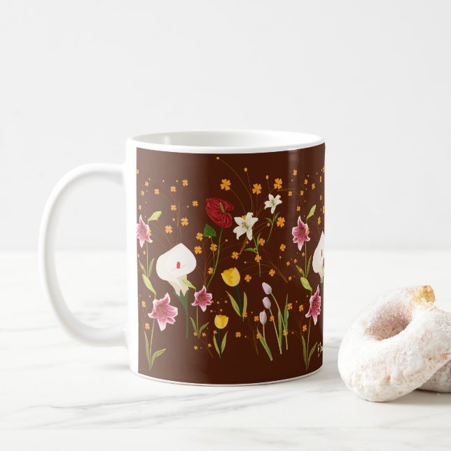 Vibrant Flowers Coffee Mug (With Donut)