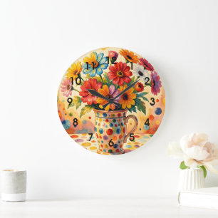 Vibrant Flowers, Colorful Polka Dots, Large Clock