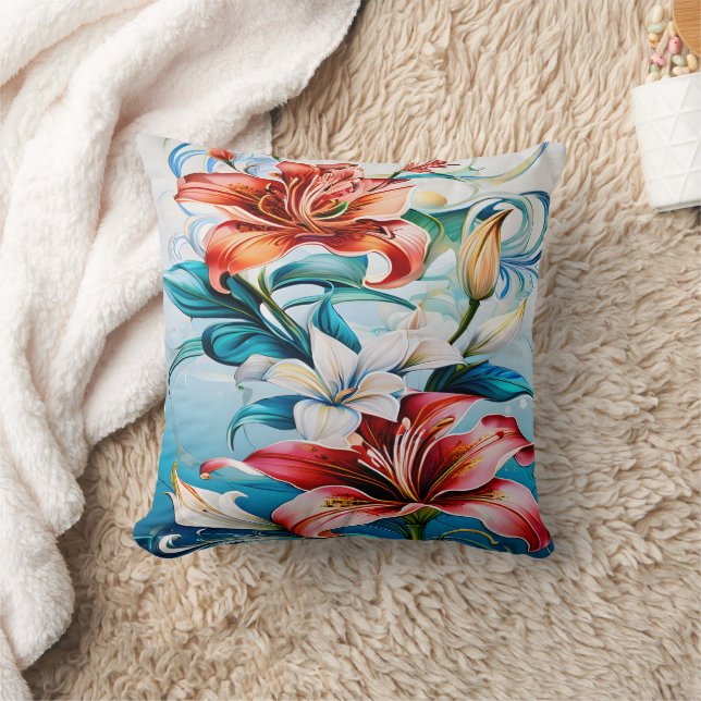 Vibrant Flowers in Bloom Surrounded by Swirls Throw Pillow (Blanket)