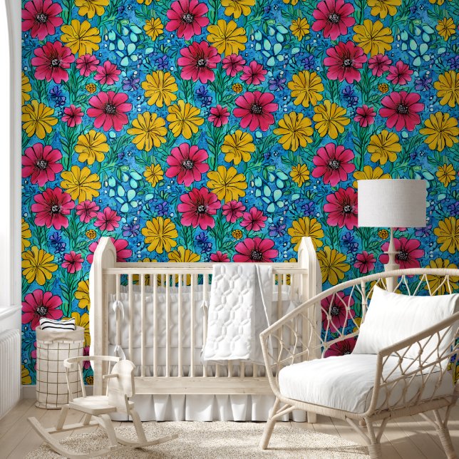 Vibrant flowers Pink Yellow Blue Lovely pattern Wallpaper (Kids)