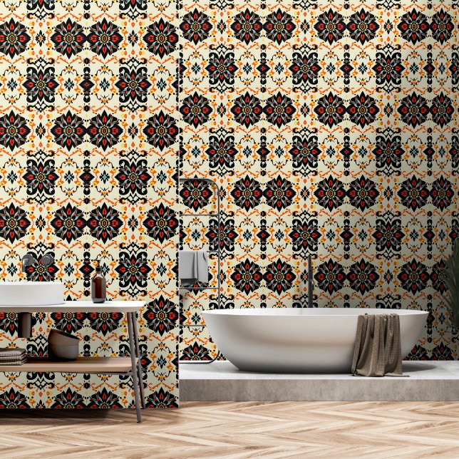 Vibrant Folk Art Damask Wallpaper Wallpaper (Bathroom)