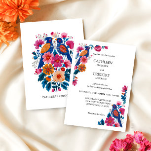Vibrant Folk Art Floral Birds Wedding Invitation