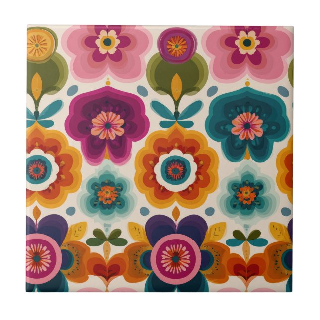 Vibrant Folk Art Flowers 70s Retro Floral Pattern Ceramic Tile (Front)