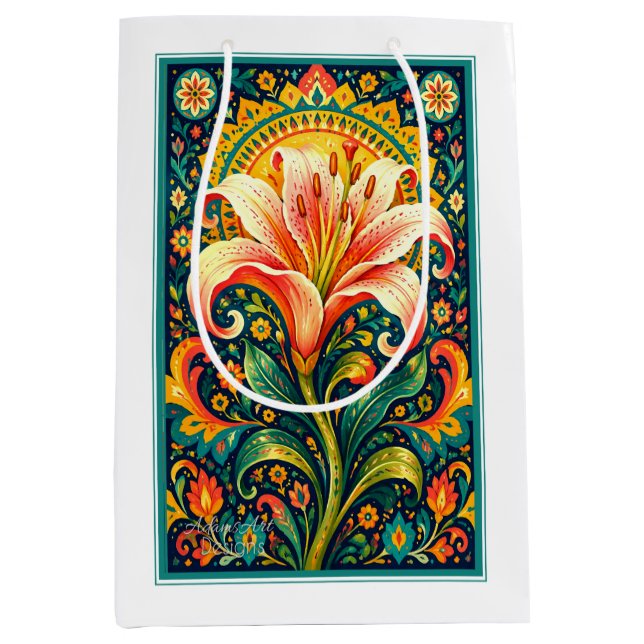 Vibrant Folk Art Lily Floral Medium Gift Bag (Front)