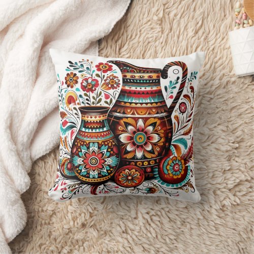 Vibrant folk art pottery with intricate designs throw pillow