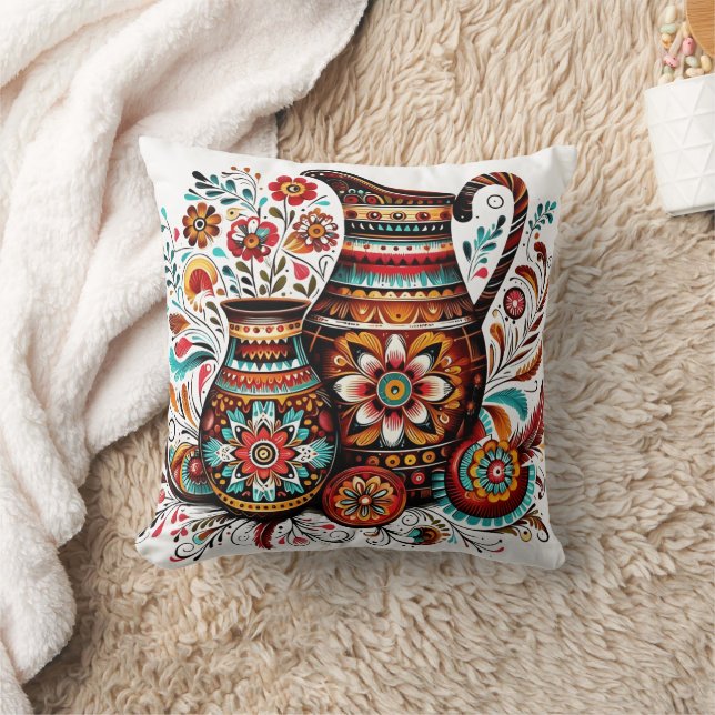 Vibrant folk art pottery with intricate designs throw pillow (Blanket)