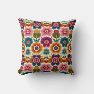 Vibrant Folk Art Retro Bohemian Floral Pattern Throw Pillow